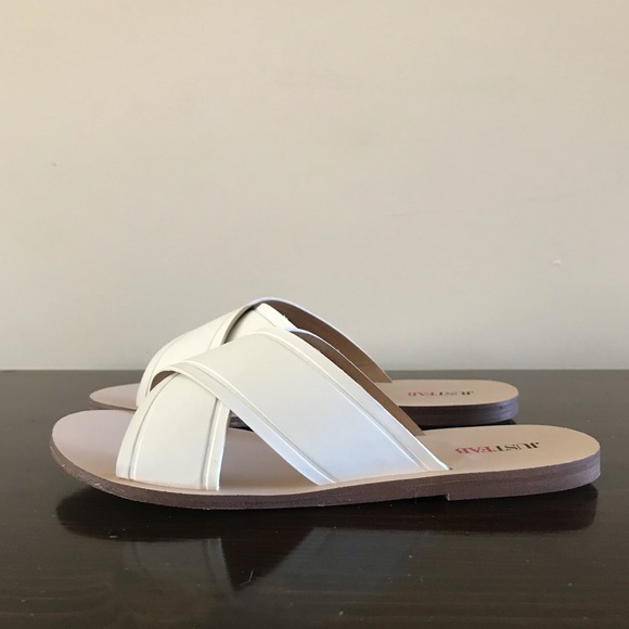 JustFab slip-on-slides. White flat sandal. - Picture 2 of 3
